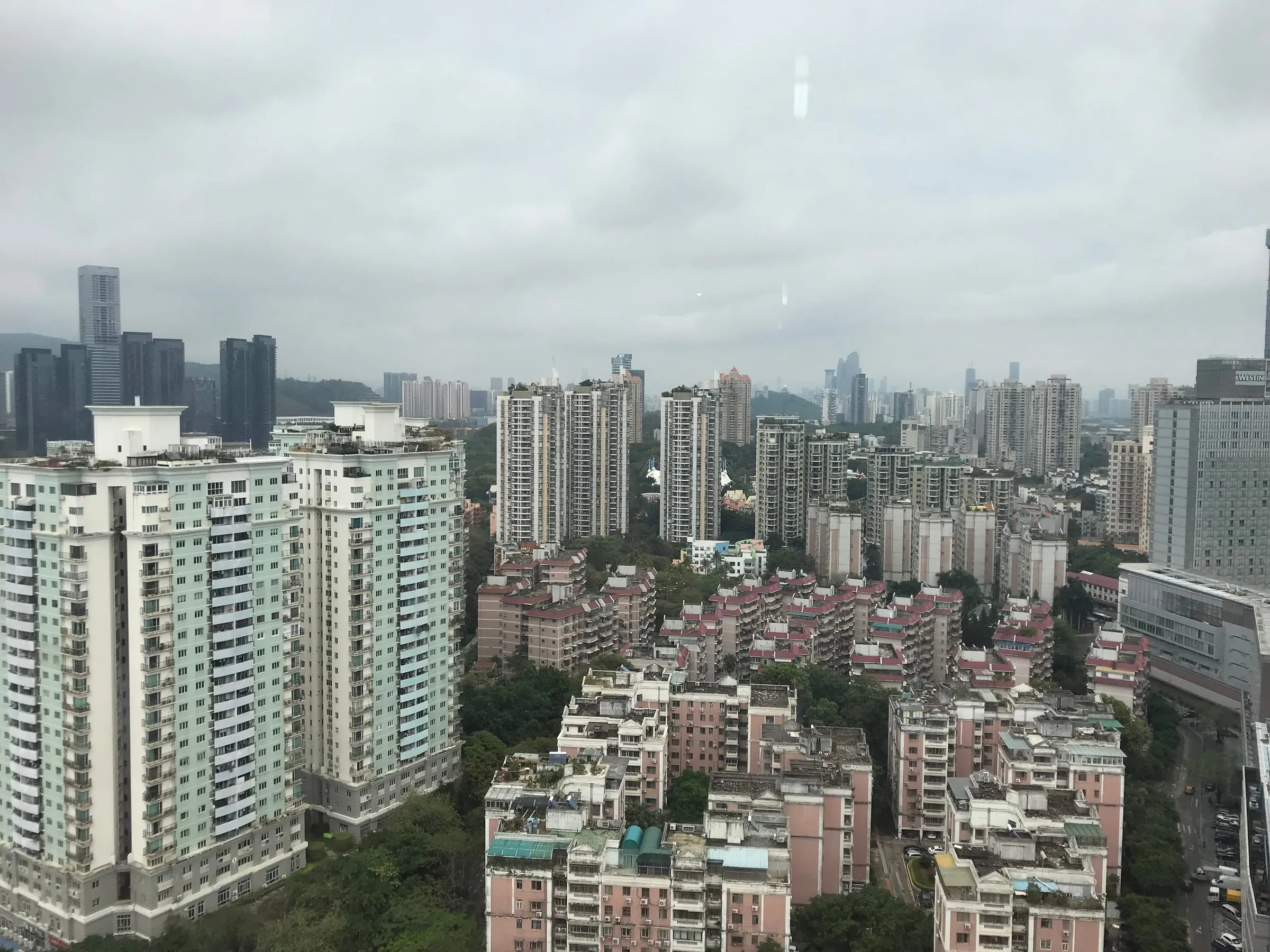 The city from a high window on a grey afternoon, rows of apartment blocks stretching to towers in the distance