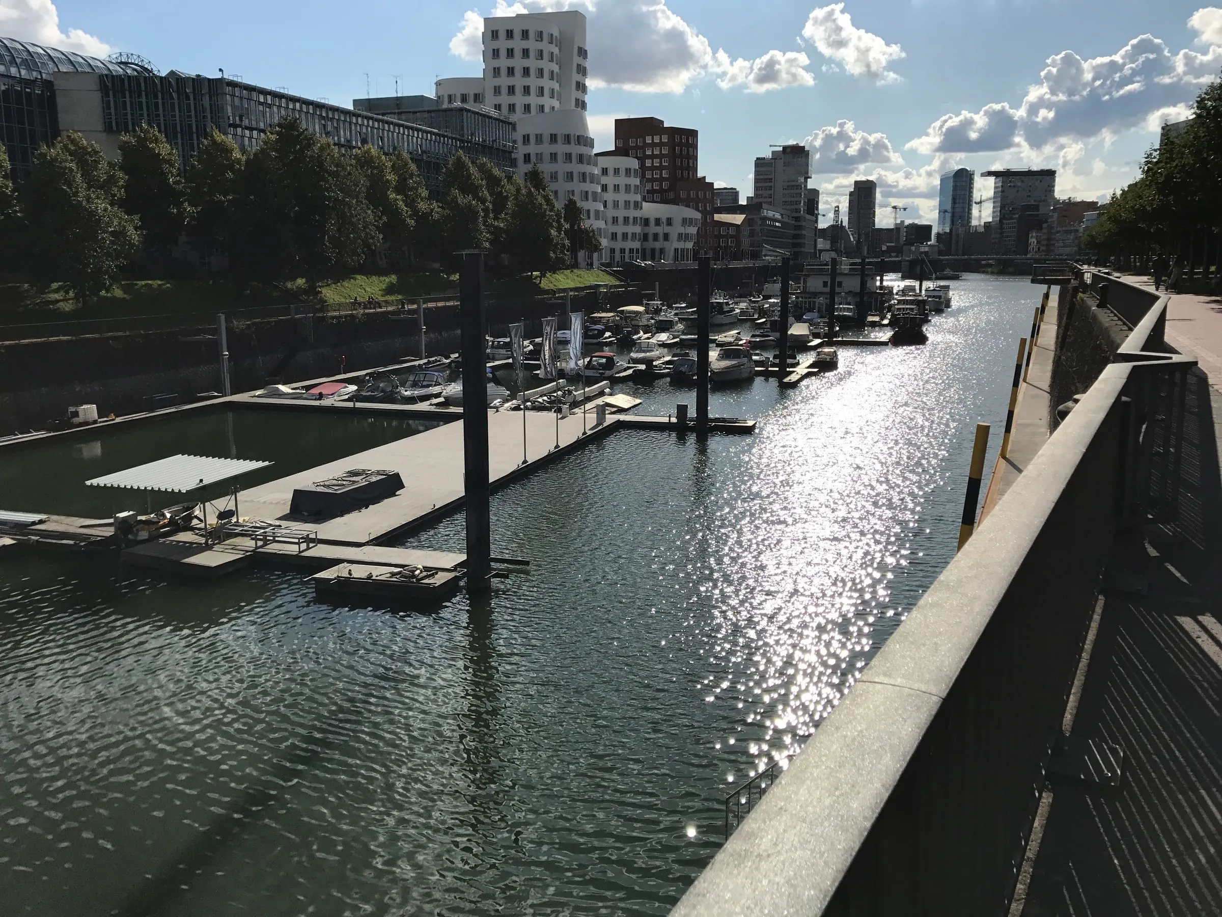 A harbour marina with boats and jetties, modern buildings along the water, sunlight on the surface