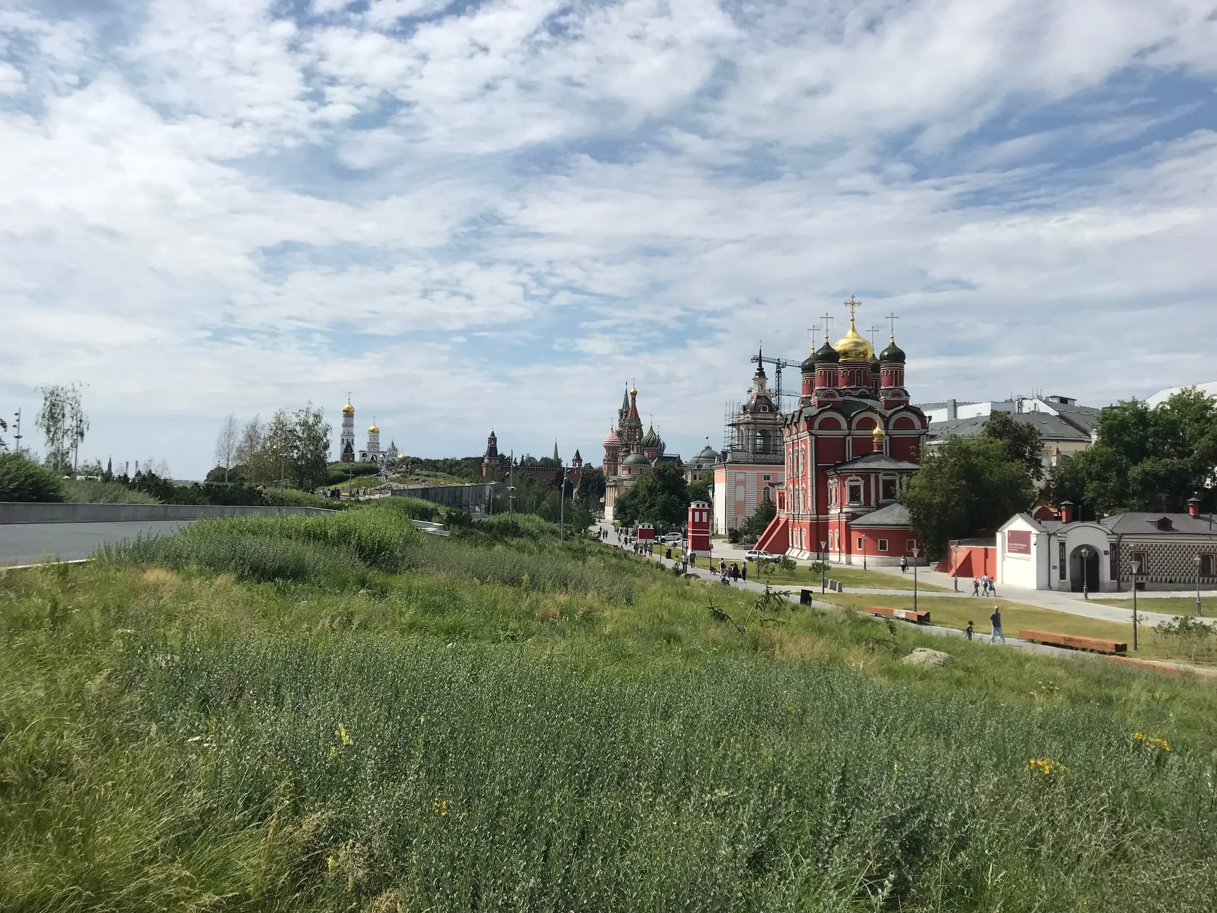 Long wild grass in a city park, a small red church and the Kremlin towers beyond