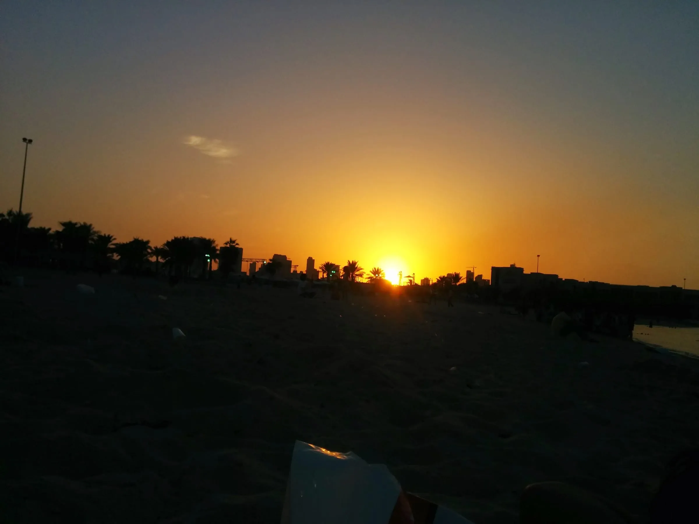The sun setting into a low line of palm trees, the sky turning orange